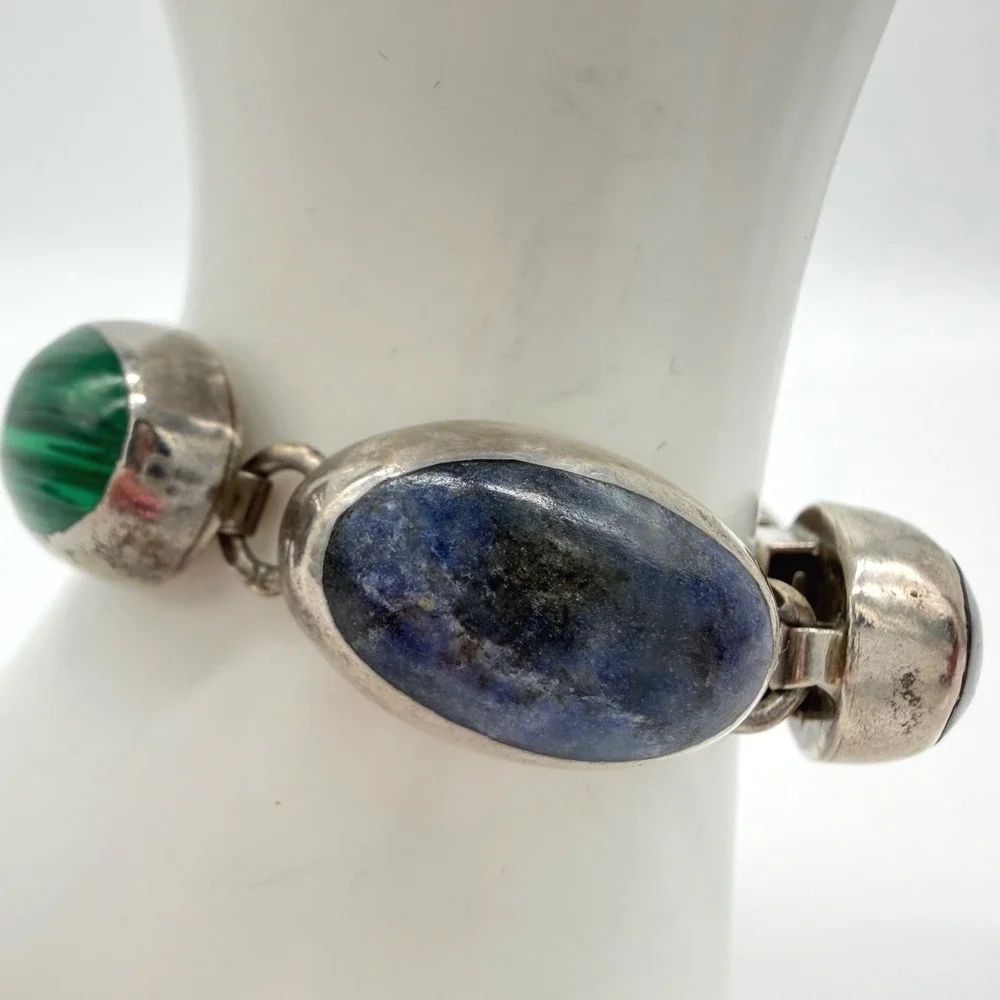 Vintage Taxco Mexico T2-17 Sterling Silver 925 Multi-Gemstone Bracelet 6